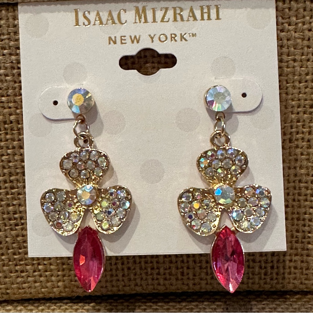 Nwt Isaac Mizrahi Earrings Gold W/ Aurora Borealis Crystal Flowers, Pink Dangle